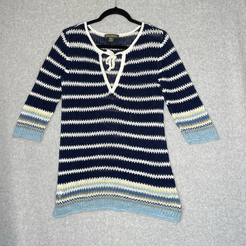 Tommy Bahama Sweater Dress Knit Nautical Stripe Lace Up Medium